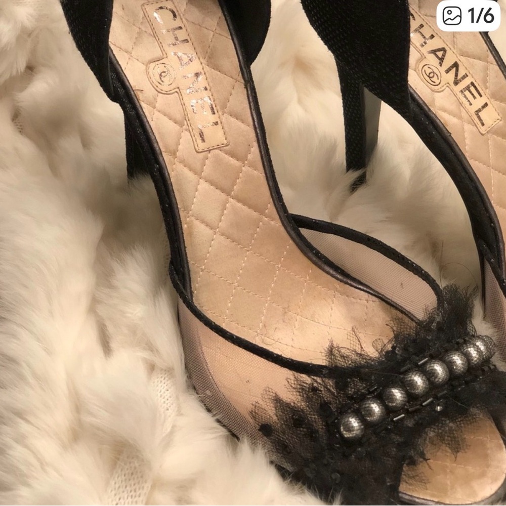 Chanel Black and Cream Heels with Pearl Detail